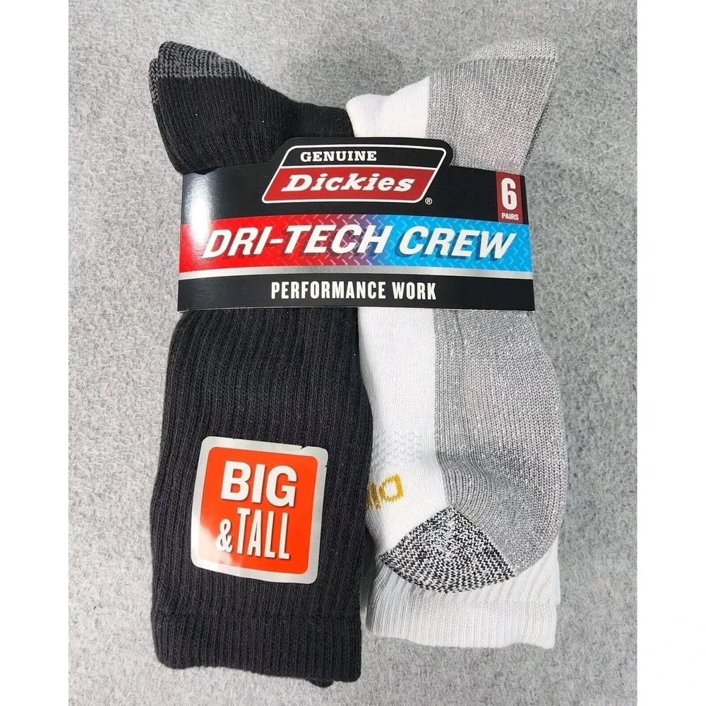 Dickies 6 Pairs Big & Tall Dri-Tech Crew Work Socks Mens 12-15 Black White